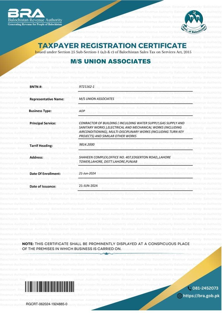 Balochistan Revenue Authority registration certificate of Union Associates