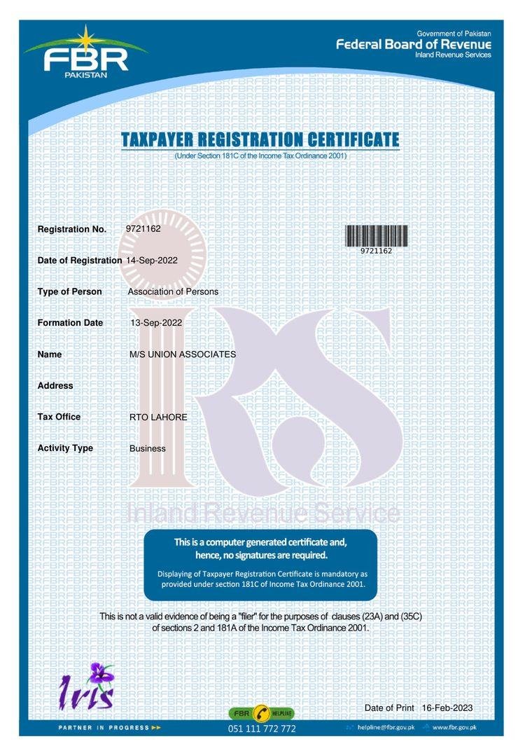 FBR taxpayer registration certificate of Union Associates