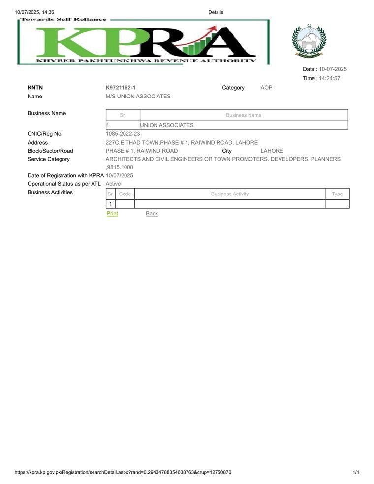 KPRA registration certificate of Union Associates