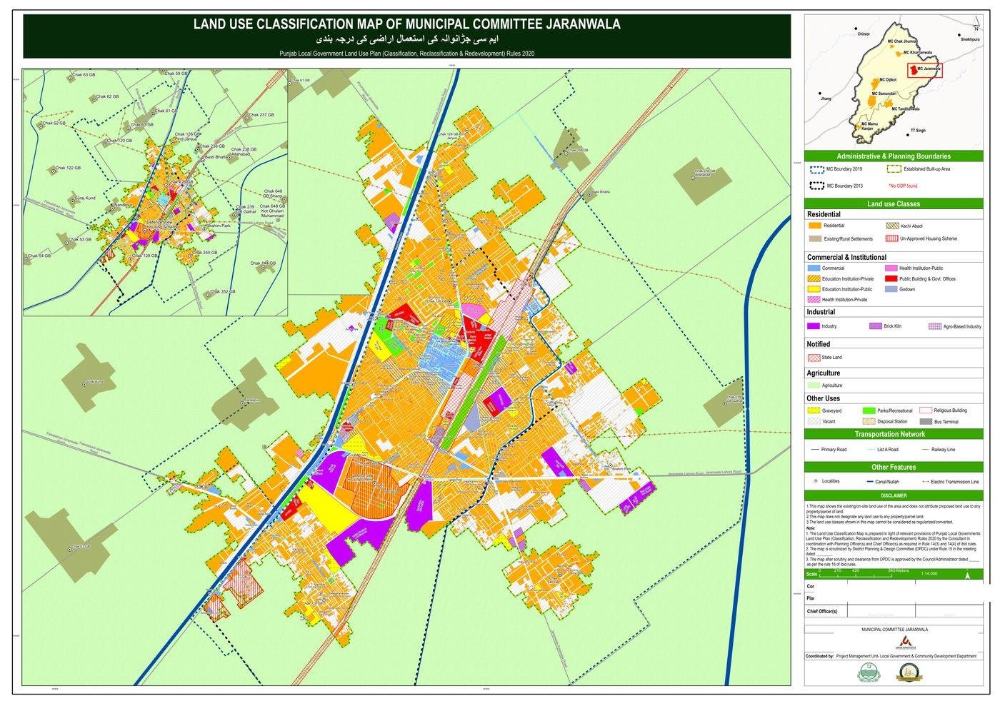 Land use classification map of Municipal Committee Jaranwala