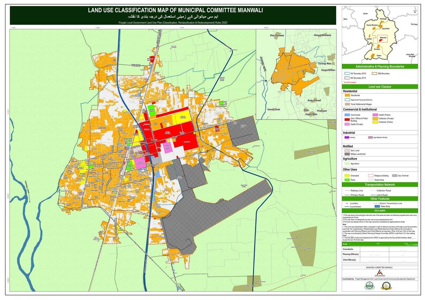 Land use classification map of Municipal Committee Mianwali