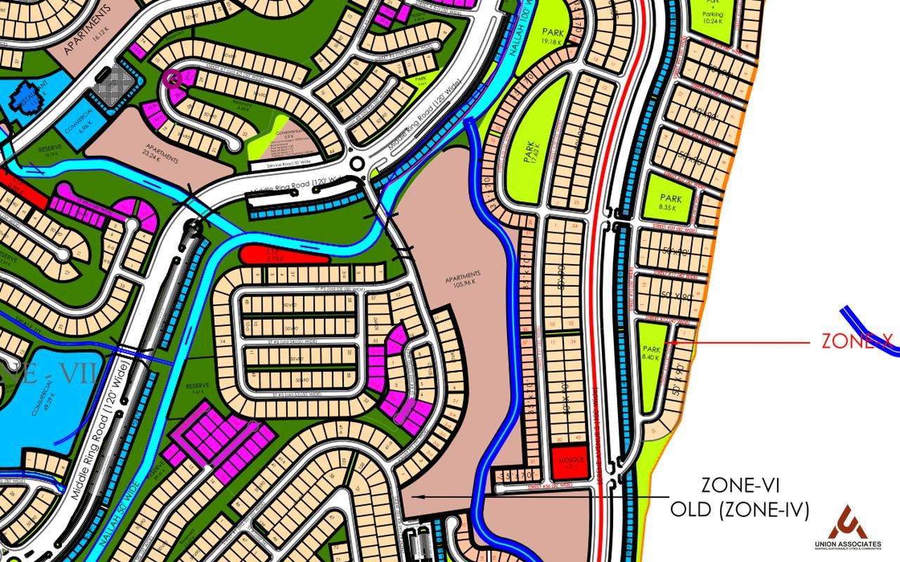 Part plan of the eastern zones and park chain of Serene City