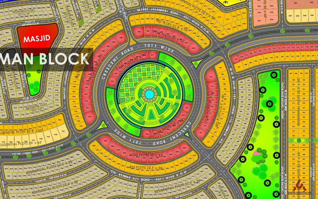 Part plan of the crescent roundabout district in Ideal City