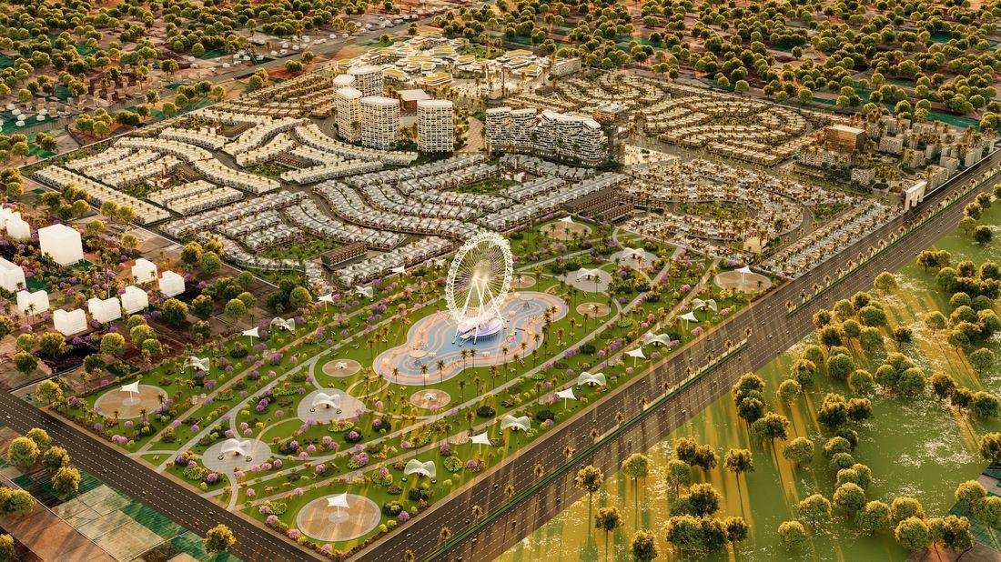 Aerial view — master-planned community with theme park