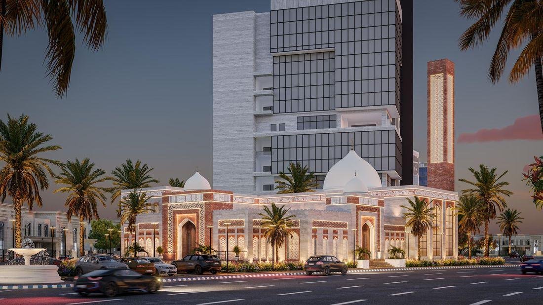 Grand mosque & commercial tower — street view