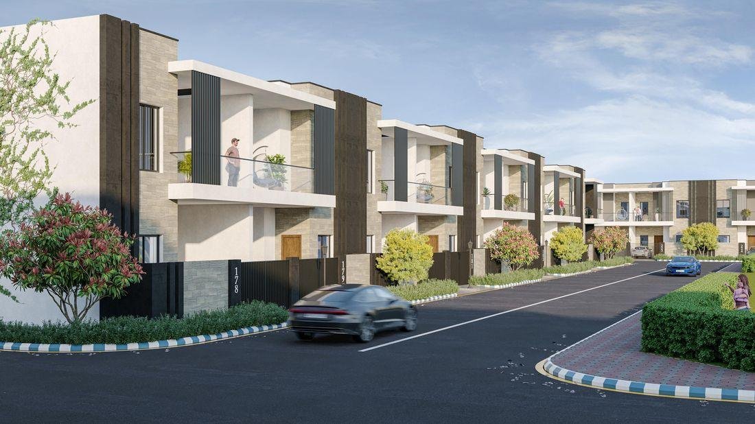 Residential streetscape with landscaped verges