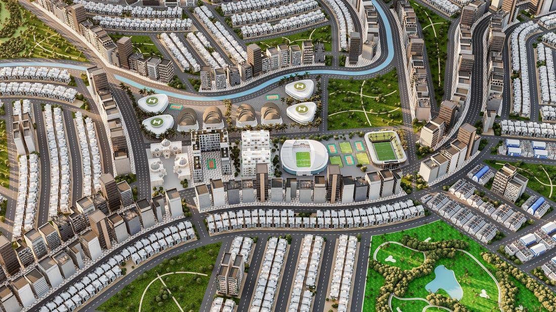 Aerial view — residential district & greens